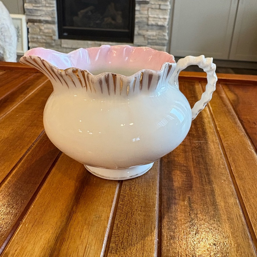Antique Victorian Opalescent Milk Glass Creamer Pink Gilt Rim